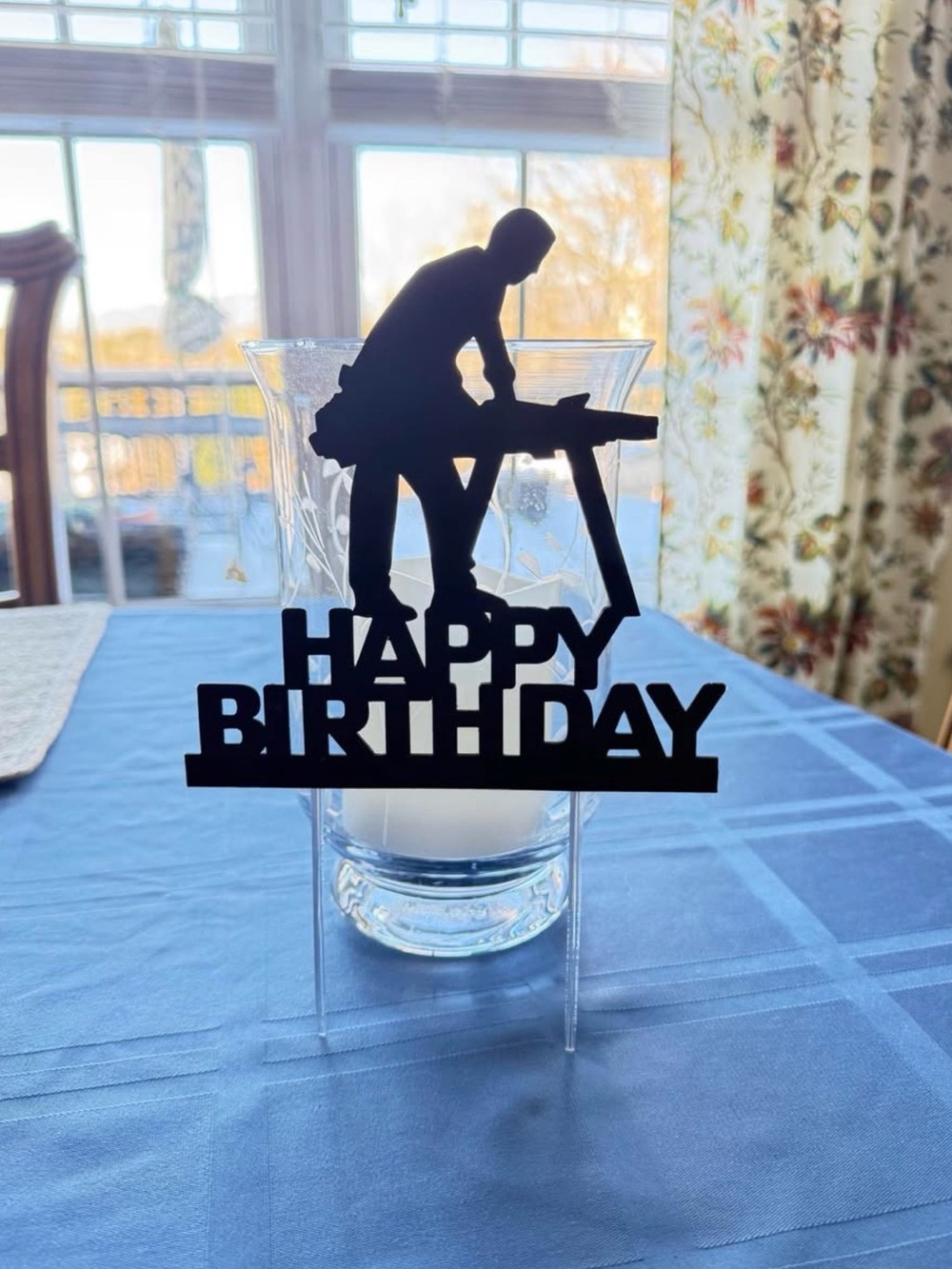 Happy Birthday Black Cake Topper with Carpenter Silhouette